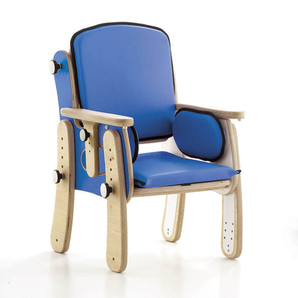 Leckey PAL Seating System in blue on its wood frame, with side pads