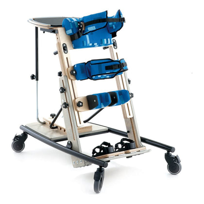 Leckey Pronestander in Mondeo Blue, the color of sizes 2 and 3, with its tray