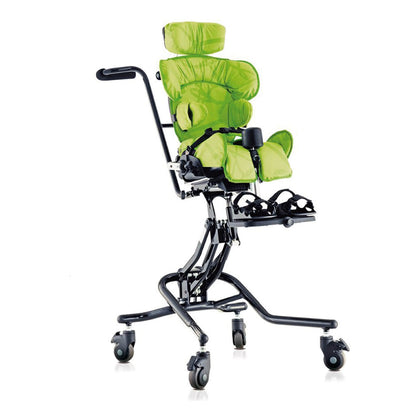 Leckey Squiggles Seat in green on the hi-low chassis with push handle, shown with the headrest, laterals and footrest add-ons; also made in blue and pink