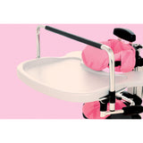 The tray and the grab rail add-on on a Squiggles Stander with pink pads