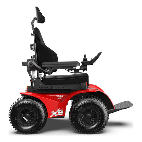 Magic Mobility Extreme X8 in Fire Engine Red with a REHAB seat, J3 back and headrest