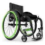 Motion Composites APEX A in Black with Acid Green highlights and matching Air Grip handrims, front three quarter view