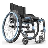 Motion Composites APEX C with Steel Blue color accents and matching Air Grip handrims, front three quarter view
