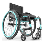 Motion Composites APEX C with Caribbean Blue color accents and matching Air Grip handrims, front three quarter view