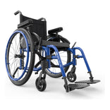 Motion Composites Helio A6 in Sapphire Blue with matching Air Grip handrims, front three quarter view