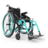 Motion Composites Helio A6 in Caribbean Blue with matching Air Grip handrims, front three quarter view