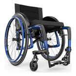 Motion Composites Veloce in Sapphire Blue with matching Air Grip handrims, front three quarter view