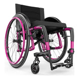 Motion Composites Veloce in Fuchsia with matching Air Grip handrims, front three quarter view