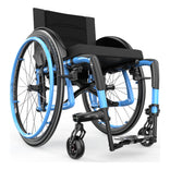 Motion Composites Veloce in Sky Blue with matching Air Grip handrims, front three quarter view