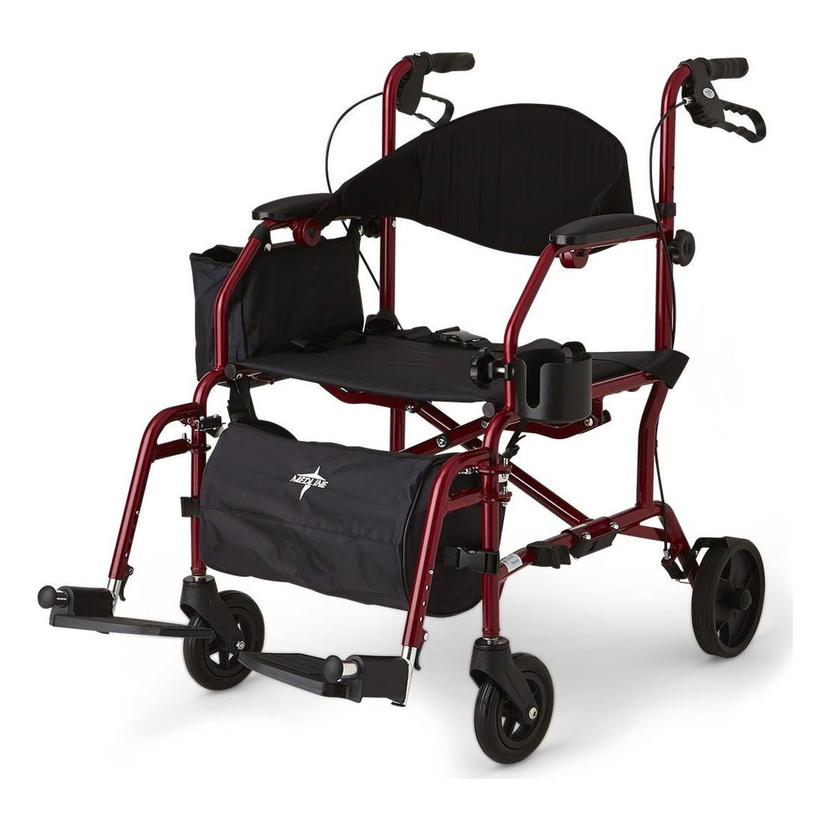 Medline Excel Translator rollator and transport chair in red with swing-away footrests
