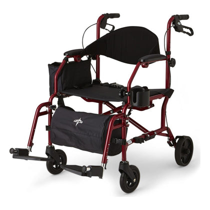 Medline Excel Translator rollator and transport chair in red with swing-away footrests