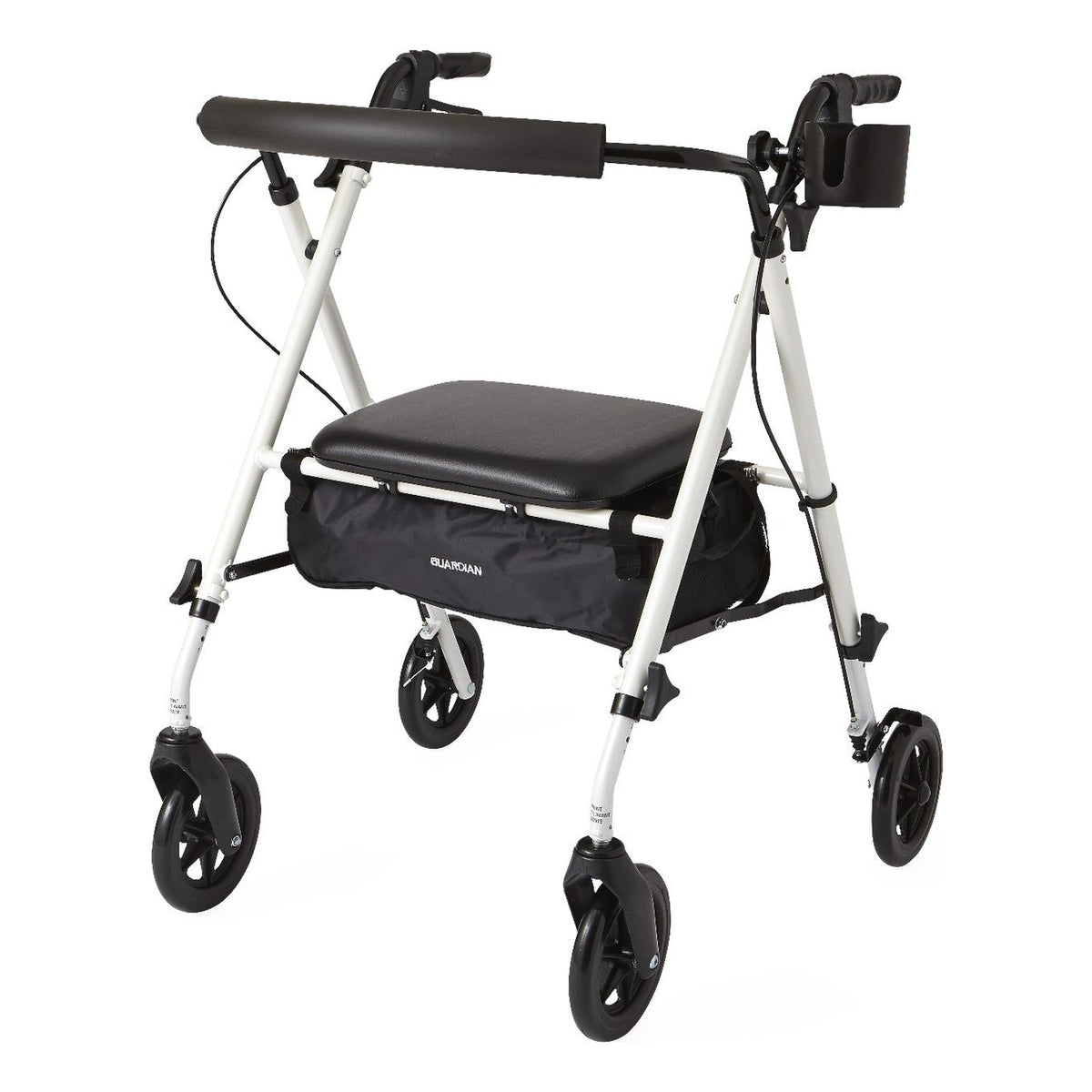 Medline Luxe Wide Rollator in white with its padded seat and bag