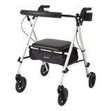 Medline Luxe Wide Rollator in white with its padded seat and bag
