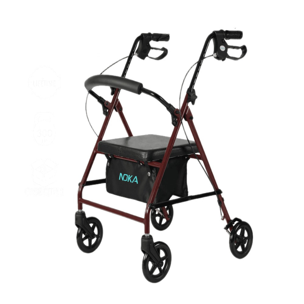NOKA Classic Steel 006RD petite rollator in red, three-quarter view