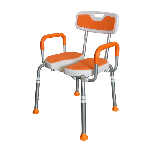 NOKA 1012 padded shower chair in orange, three-quarter view from the front right