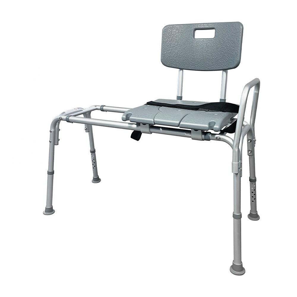 NOKA 1030 sliding bath transfer bench, three-quarter view from the front right