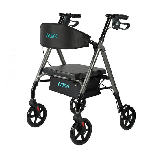 NOKA RollaGo E033 rollator in grey, three-quarter view