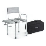 Nuprodx MC3000 TX travel shower commode chair beside its carrying case