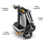 Paiseec L5 folded, with its dragging handle, two lifting handles and folding lock labeled