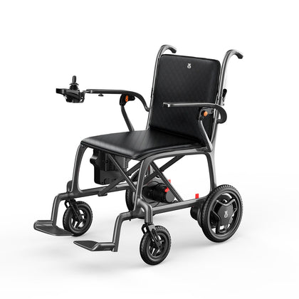 Paiseec Q5 carbon fiber folding electric wheelchair in black, from the front left