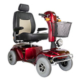 Merits Pioneer 10 four-wheel mobility scooter in red, three-quarter view facing right