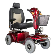 Merits Pioneer 10 four-wheel mobility scooter in red, three-quarter view facing right