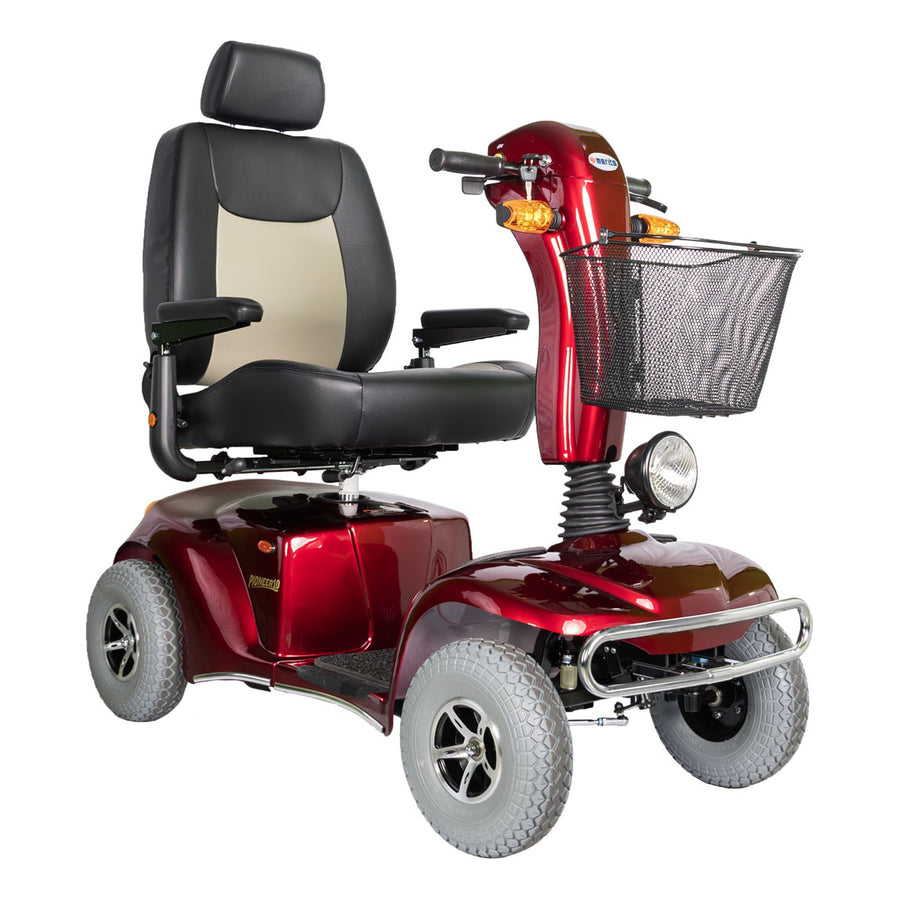 Merits Pioneer 10 four-wheel mobility scooter in red, three-quarter view facing right