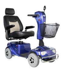 Merits Pioneer 4 four-wheel mobility scooter in blue, three-quarter view facing right