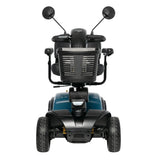 Pride Victory Platinum mobility scooter in Iceberg Blue, front view with mirrors and headlight
