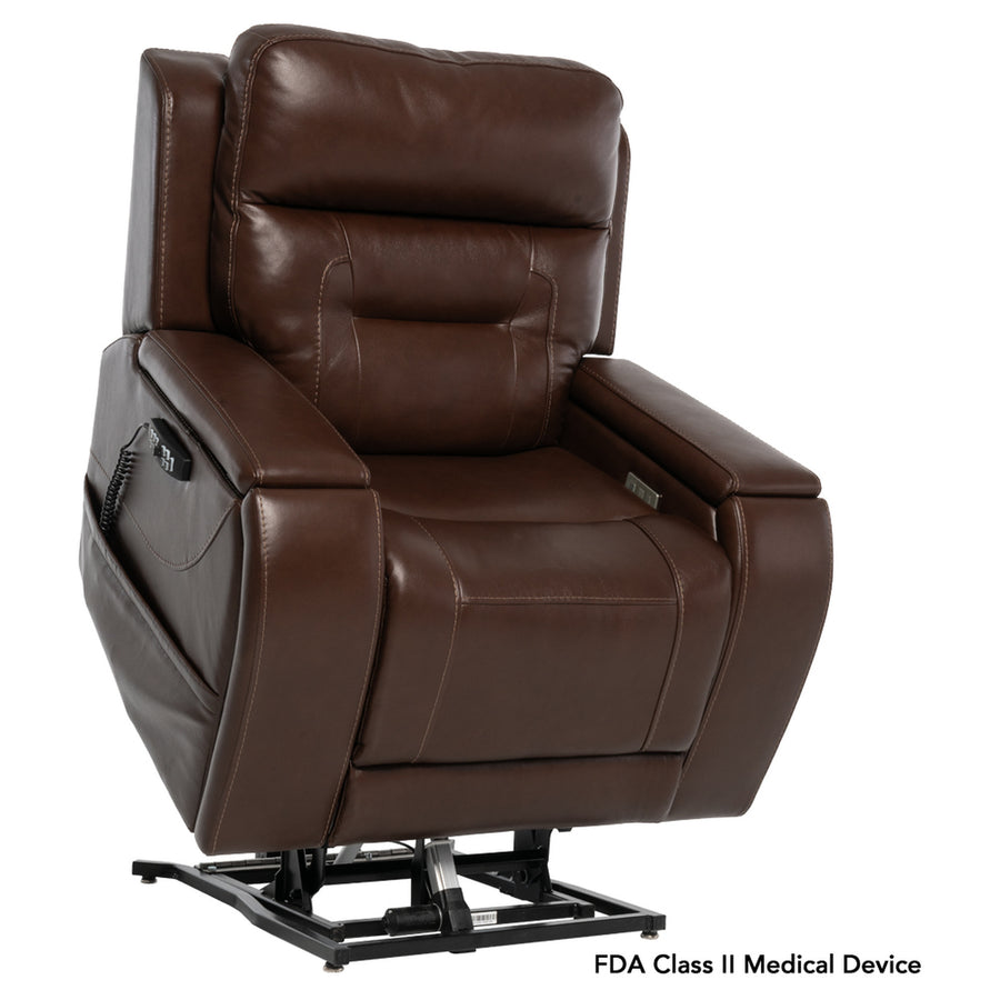 Pride VivaLift Premier lift chair in Sorrento Coffee, lifted to standing and facing right