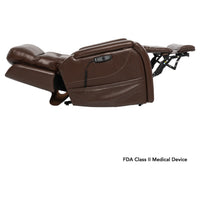 Pride VivaLift Premier lift chair in Sorrento Coffee, fully reclined with the footrest raised