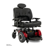 Pride Jazzy 1450 in Candy Apple Red fitted with the optional high-back seat and headrest, three quarter view from the right