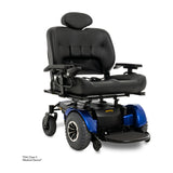 Pride Jazzy 1450 in Viper Blue fitted with the optional high-back seat and headrest, three quarter view from the right