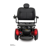 Pride Jazzy 1450 in Candy Apple Red fitted with the optional solid seat pan, front view