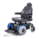 Pride Jazzy 1450 bariatric power wheelchair in Viper Blue, three quarter view from the left