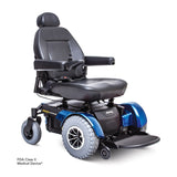 Pride Jazzy 1450 bariatric power wheelchair in Viper Blue, three quarter view from the right