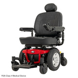 Pride Jazzy 600 ES power wheelchair in Cardinal Red, three quarter view from the left