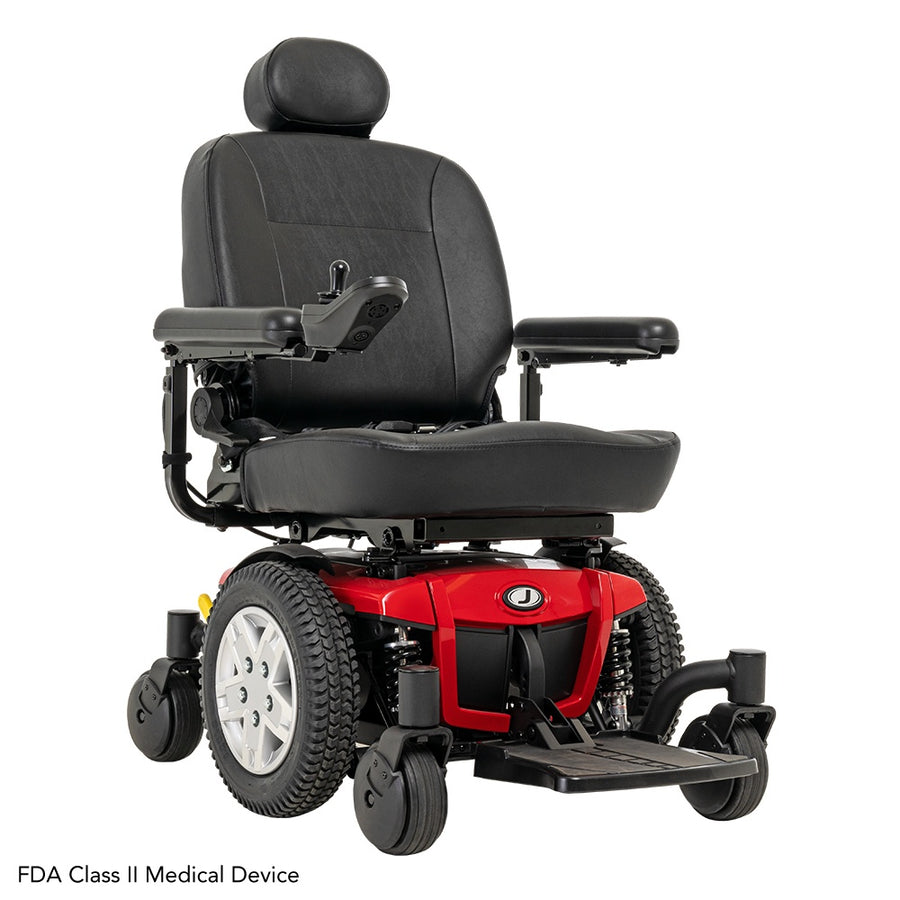 Pride Jazzy 600 ES power wheelchair in Cardinal Red, three quarter view from the right