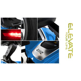 Pride Jazzy Air 2 close-up details, LED marker light, drive wheel, seat upholstery and shroud badge