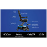 Pride Jazzy Air 2 key specifications, 300 lbs. weight capacity, 4 mph top speed, 24.25 inch turning radius and up to 16.6 miles per charge