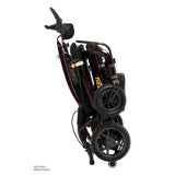 Pride Jazzy Carbon 27 power wheelchair in Black Cherry, folded and standing upright
