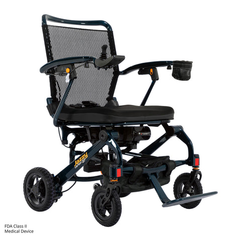 Pride Jazzy Carbon 27 power wheelchair in Night Sky, three-quarter view from the right