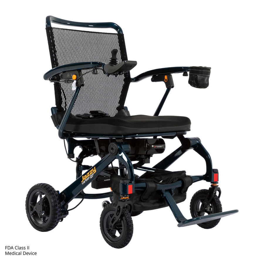Pride Jazzy Carbon 27 power wheelchair in Night Sky, three-quarter view from the right