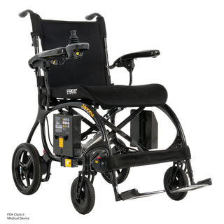 Pride Jazzy Carbon 27X power wheelchair in Black, three-quarter view from the right