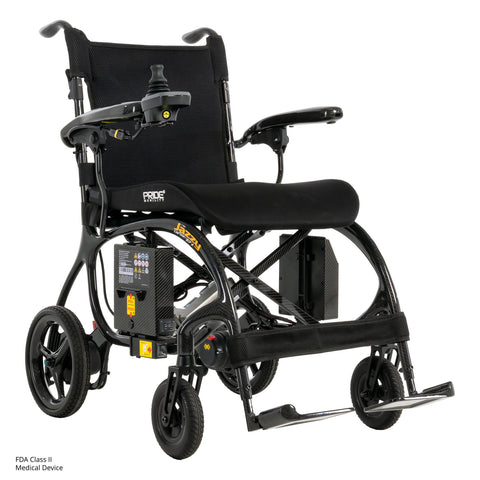 Pride Jazzy Carbon 27X power wheelchair in Black, three-quarter view from the right