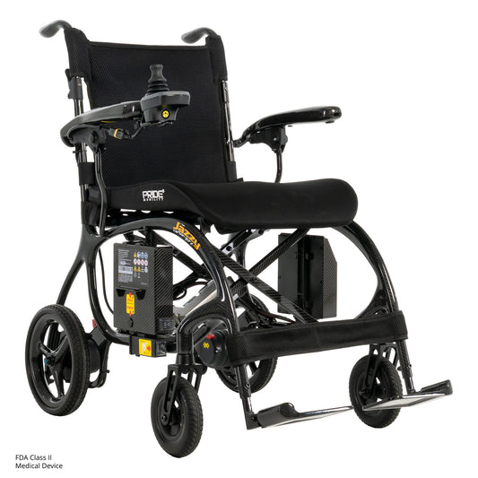 Pride Jazzy Carbon 27X power wheelchair in Black, three-quarter view from the right