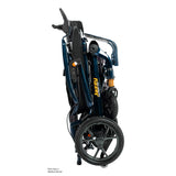 Pride Jazzy Carbon HD power wheelchair in Night Sky, folded and standing upright