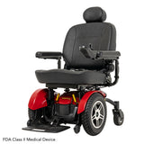 Pride Jazzy Elite 14 power wheelchair in Jazzy Red, three quarter view from the left