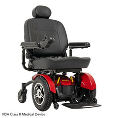 Pride Jazzy Elite 14 power wheelchair in Jazzy Red, three quarter view from the right
