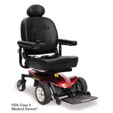 Pride Jazzy Elite ES power wheelchair in Candy Apple Red, right-side three-quarter view